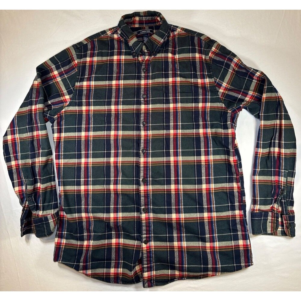 LANDS END FLANNEL Shirt Mens Large Tall Red Navy Plaid 16-16.5 Tailored Fit